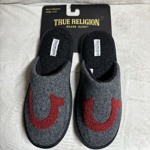 True Religion NEW Logo Slippers Men Sz Large 11-12 Gray Red Fleece